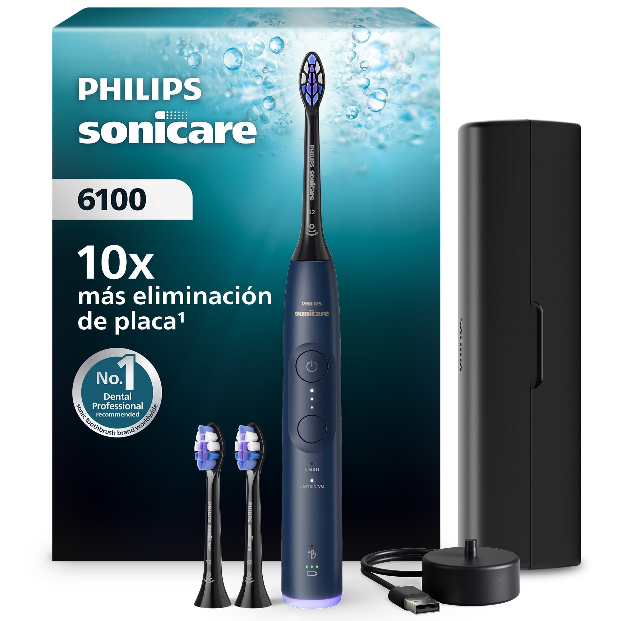 Cepillo eléctrico Philips Sonicare Serie 6100 - Tecnología Next Generation, sensor de presión, 6 ajustes, SmarTimer, BrushPacer, 21 días de autonomía, estuche de viaje, azul marino, HX7403/07