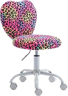 Cute Fuzzy Kids Chair Rolling Study Desk Chair Furry Studing Computer Task Chair Faux Fur Swivel Vanity Chair for Girls Boys Bedroom, Red Leopard