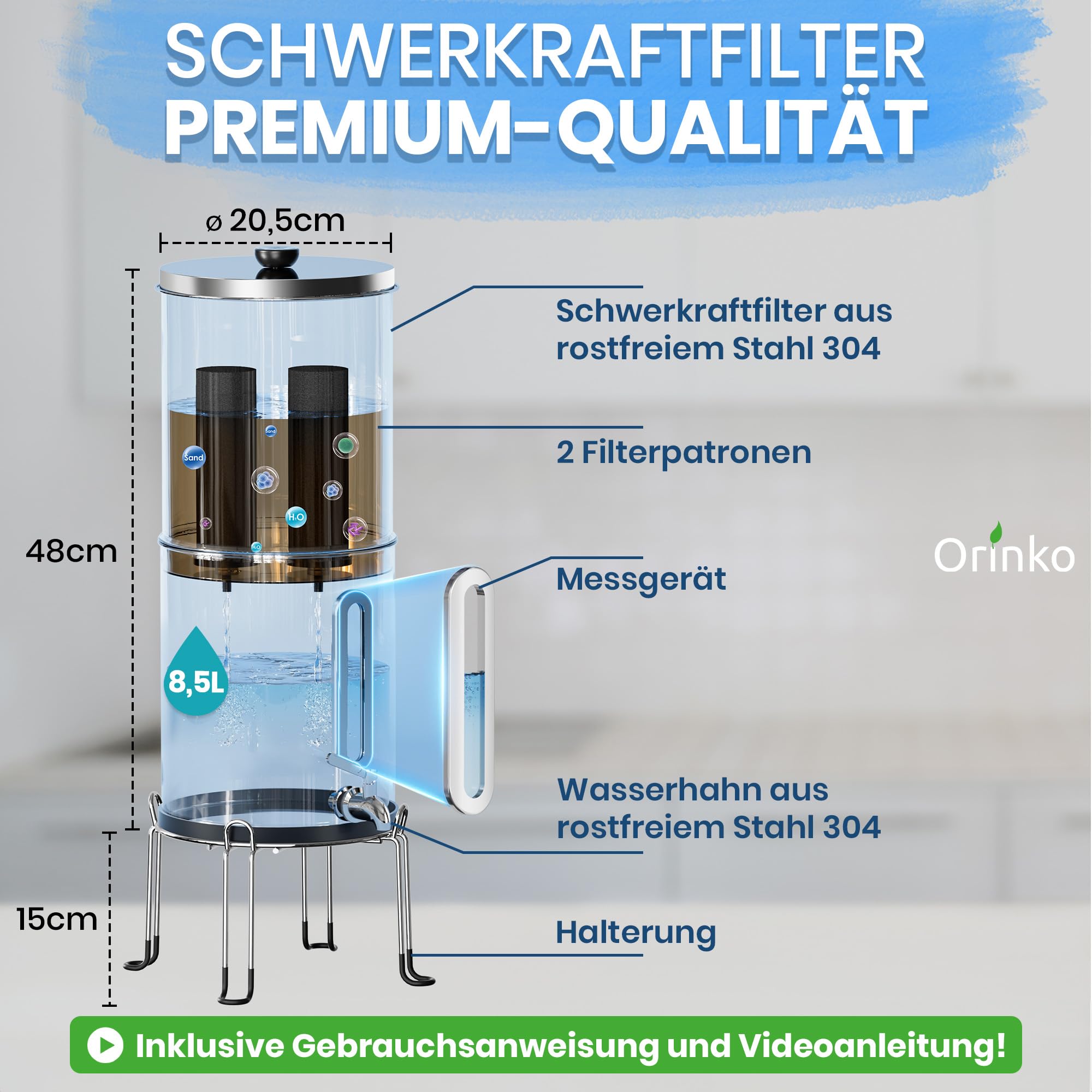 ORINKO Schwerkraft Wasserfilter – Wasserreiniger mit Aktivkohle – Filterbrunnen für Leitungswasser, Regenwasser & Outdoor-Nutzung