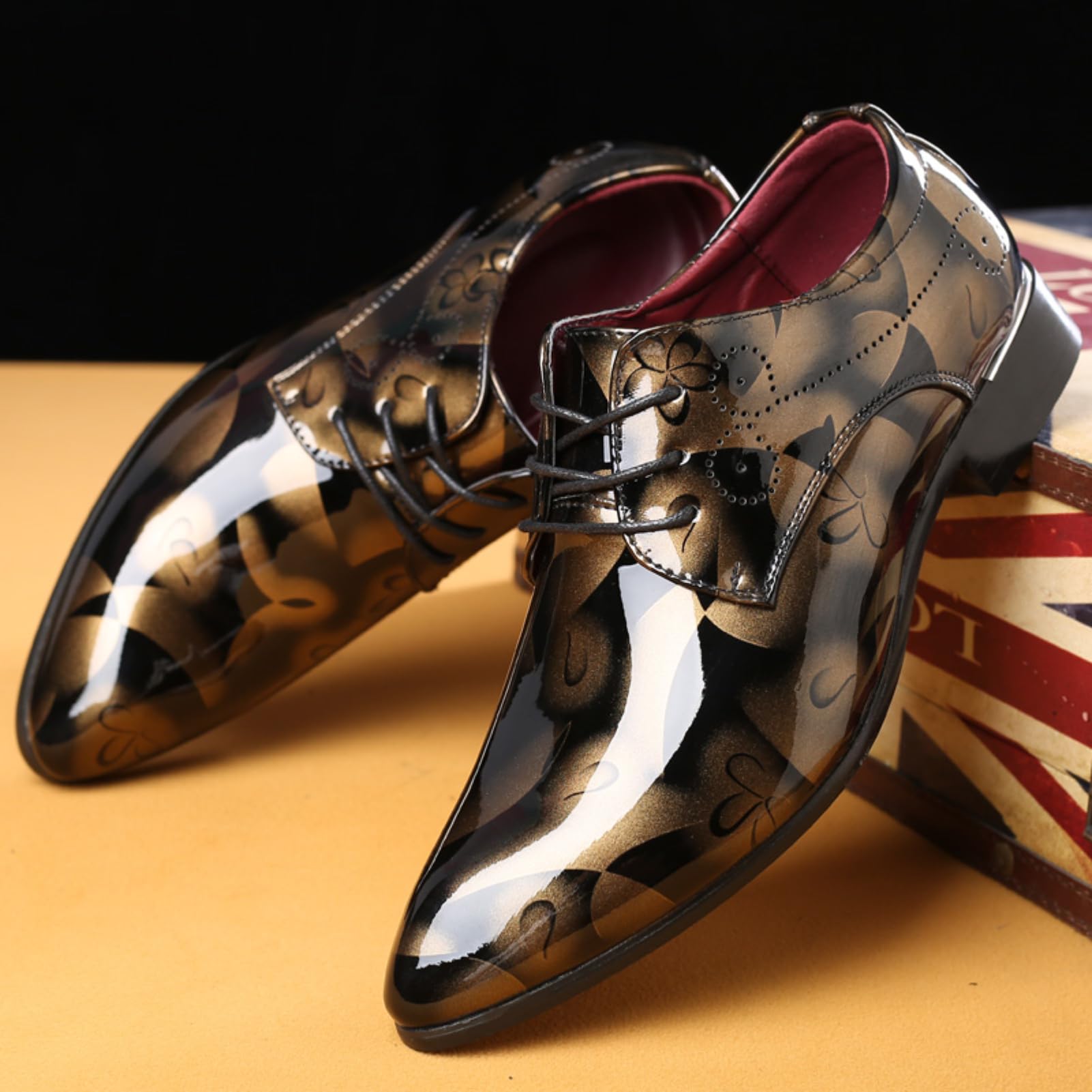 Hitmars Buty Oxford dla mężczyzn Derby buty męskie formalna sukienka biznesowa sznurowane buty skóra lakierowana oddychające klasyczne wsuwane półbuty złote 1, 9 UK (Gloi-GH1-GD44-bro), Złoty 1, 41.5