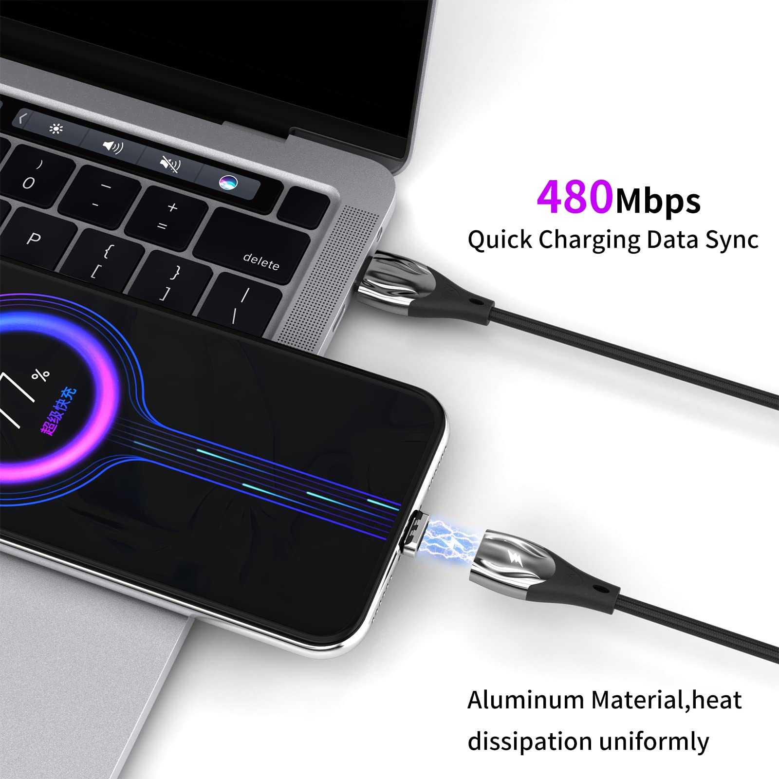 Cable de carga magnético de 100 W, 2 en 1 tipo C e iProducts 5 A, cable de carga rápida de transferencia de datos de 480 Mbps, compatible con dispositivo USB C para MaBook Pro/Air, teléfono