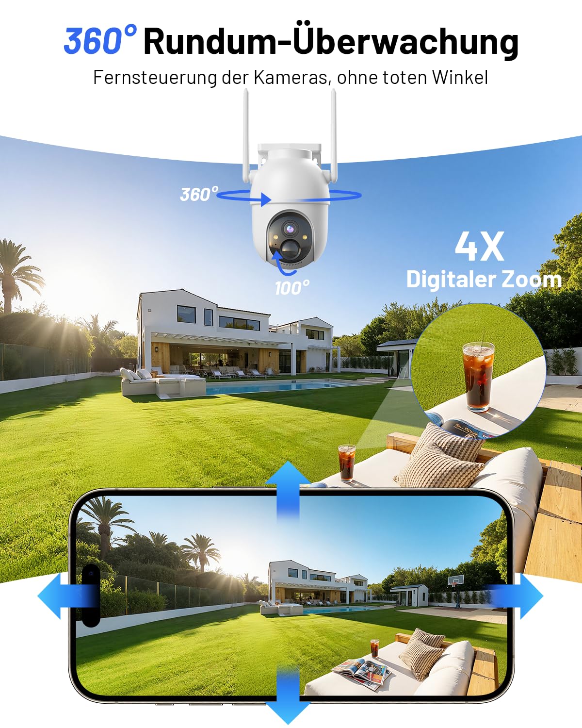 2K Überwachungskamera Aussen Akku Solar, 4-Cam-Kit mit Basisstation, 360° PTZ Kabellos Kamera mit 32G Lokaler Speicher, Keine Gebühren, KI-Erkennung, Farbe Nachtsicht 2 Wege Audio, 5G/2,4G WLAN