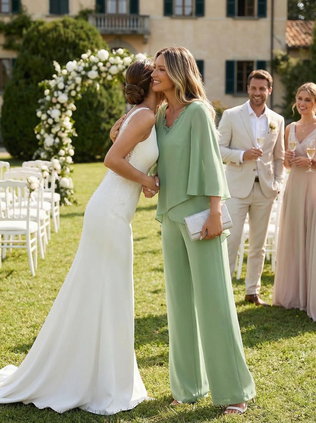 Hosenanzug Damen Festlich Hochzeit Elegant Chiffon 2 Teiler Spitze Brautmutter Hosenanzüge Rüschen 3/4 Ärmel Formelle Abend Hosen Set