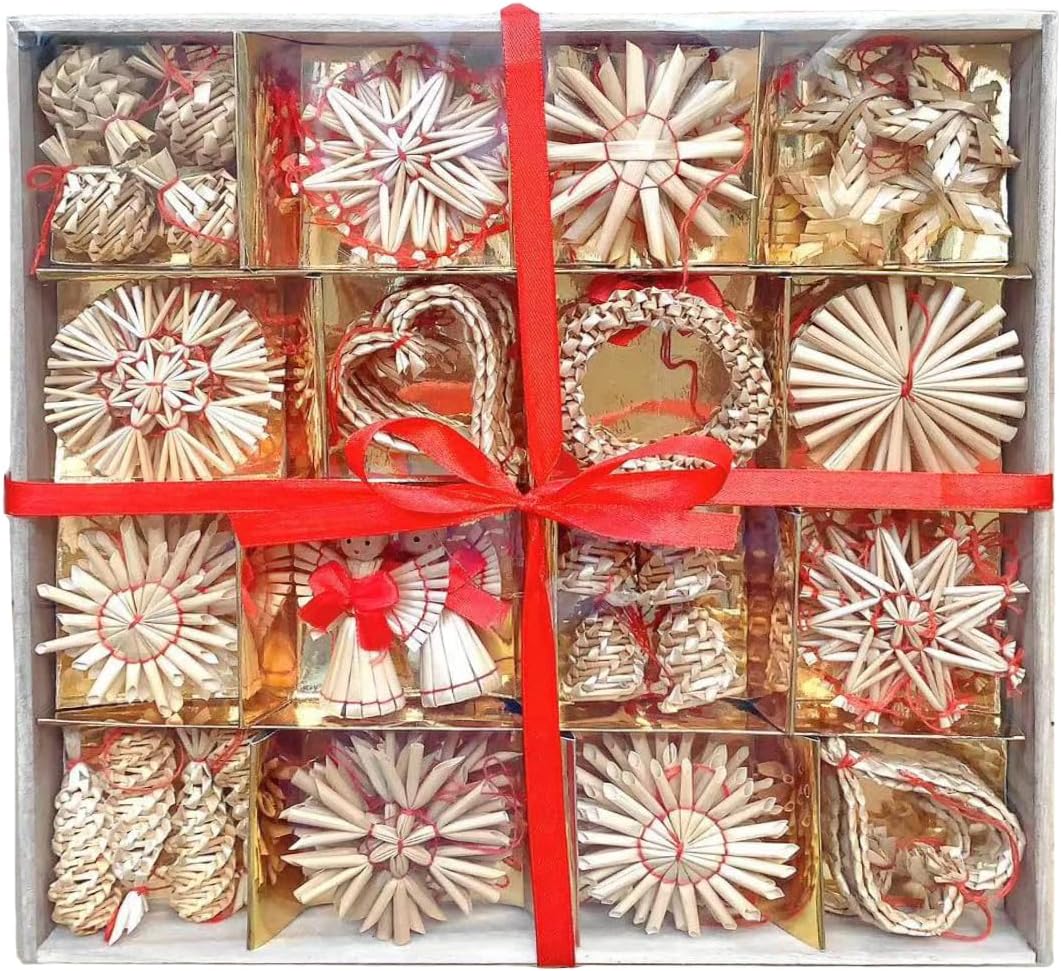 56 Pieces of Christmas Straw Star Jewelry Pendants, Christmas Tree Decoration Using Natural Straw Hand Woven Hanging Crafts, Christmas Party