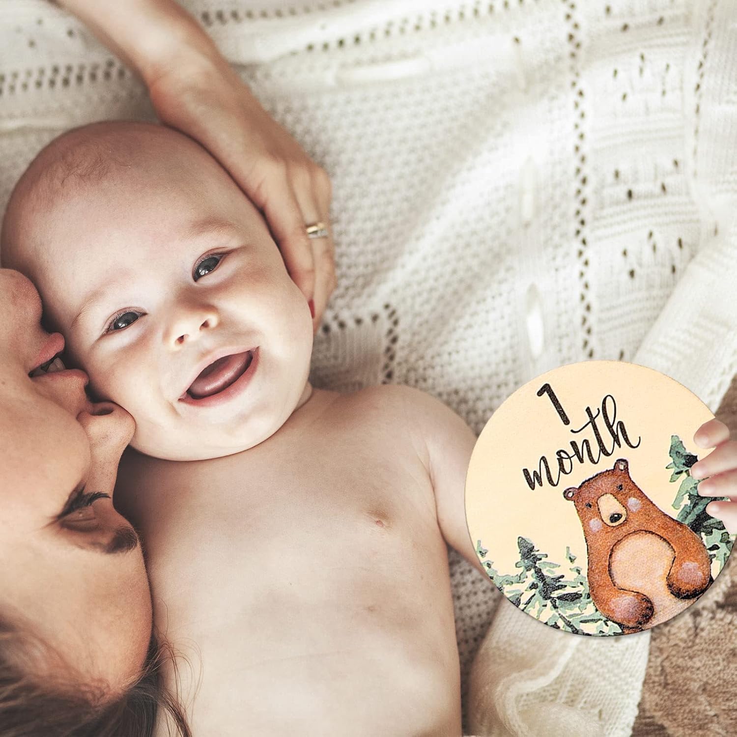 Whaline 12Pcs Woodland Baby Monthly Milestone Cards Milestone Wooden Discs Double-Sided Cute Animal Baby's First Year Age Announcement Sign for Newborn Baby Photo Props Gift
