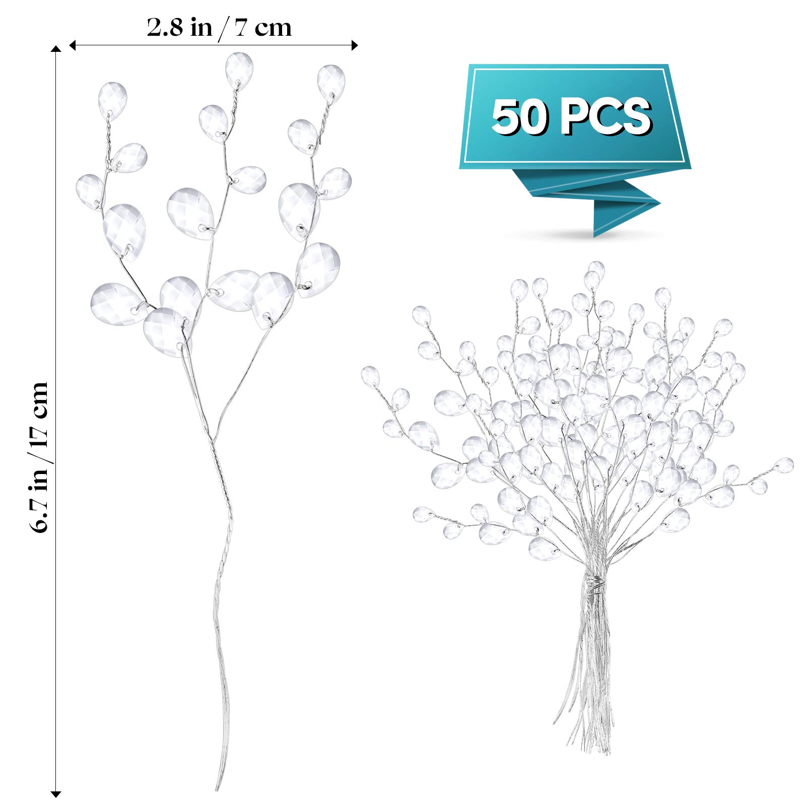 VOSAREA 50 tallos artificiales ramos de cuentas de acrílico gotas de flores para bodas, manualidades (blanco, 17 cm)