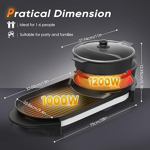 Miniatura 7 de BOEASTER Olla caliente eléctrica 2 en 1 sin humo con parrilla, olla caliente extraíble de 2200W, combo de barbacoa coreana y Shabu para interior,