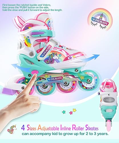Miniatura 6 de Patines en línea de unicornio arcoíris para niñas, adolescentes y mujeres, patines 4-Pejiijar para niñas de 6 a 8 a 12 años con ruedas luminosas,