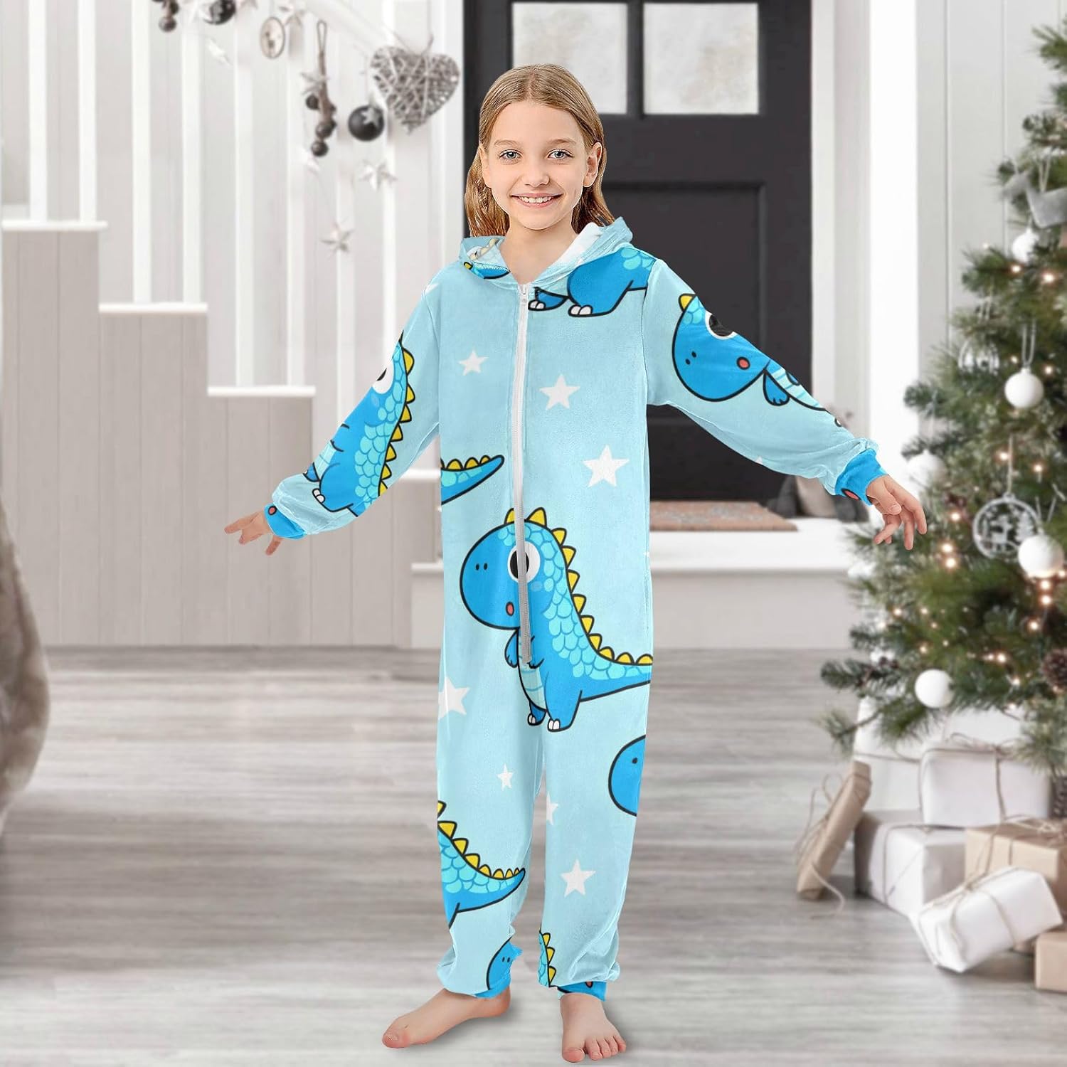 Cute Cartoon Blue DinosaurUnisex Onesie PajamasSoft Cozy Hooded Christmas Costumefor Parties Sleepovers