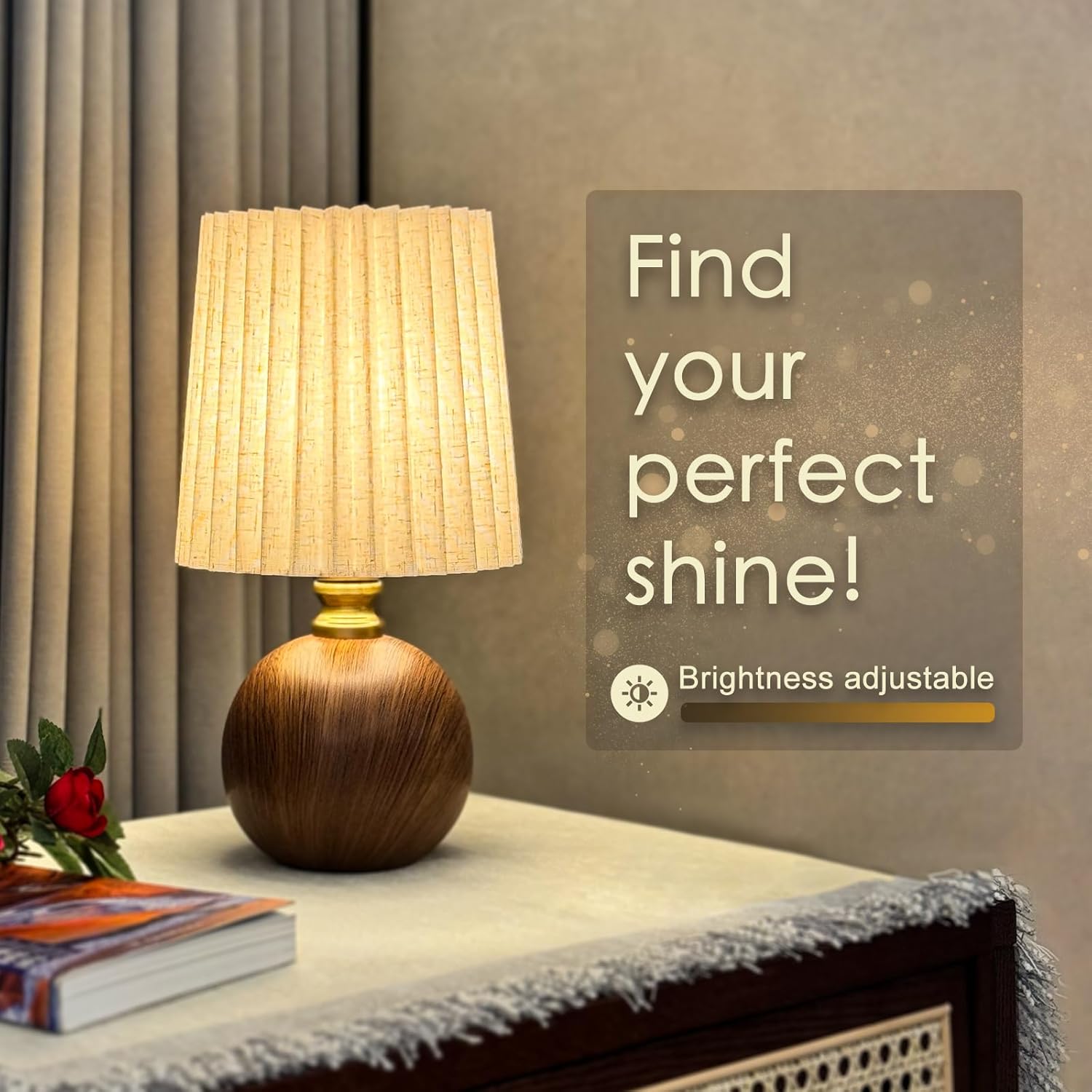 Small Pleated Table Lamp for Bedroom, Bedside Lamps for Nightstand, Dimmable Desk Lamp Ceramic Wood Grain Base Round Flaxen Fabric Shade for Living Room, Kids Room, LED Bulb Included (Modern)