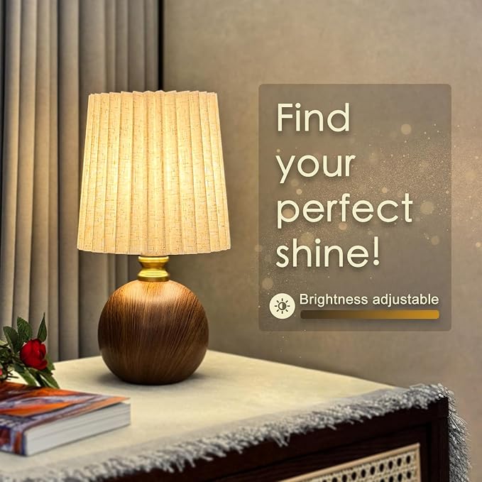 nomoluke Small Pleated Table Lamp for Bedroom, Bedside Lamps for Nightstand, Dimmable Desk Lamp Ceramic Wood Grain Base Round Flaxen Fabric Shade for Living Room, Kids Room, LED Bulb Included (Modern) photo 3