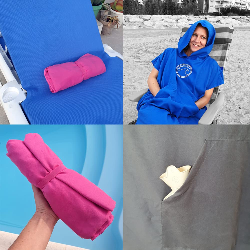 SwimCell Accappatoio in microfibra per donne, uomini e bambini, leggero e ad asciugatura rapida, asciugamano da surf con cappuccio e tasca, si apre in un grande telo mare