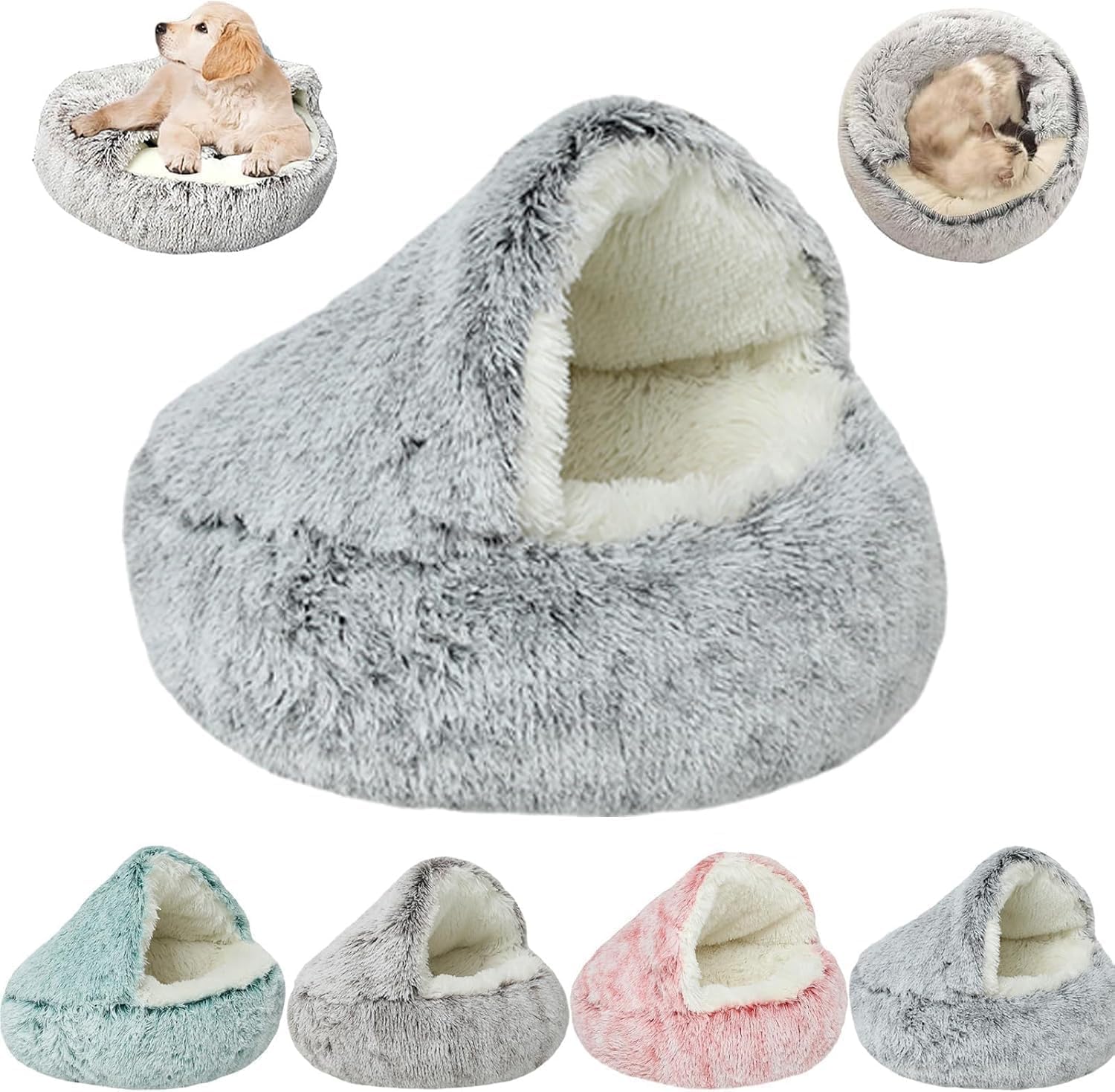 Lapcatz Nest Cat Bed - Round, Plush, Fluffy, Washable & Calming Cat Bed Cave, Indoor Cozy Mattress (Grey, 50cm)