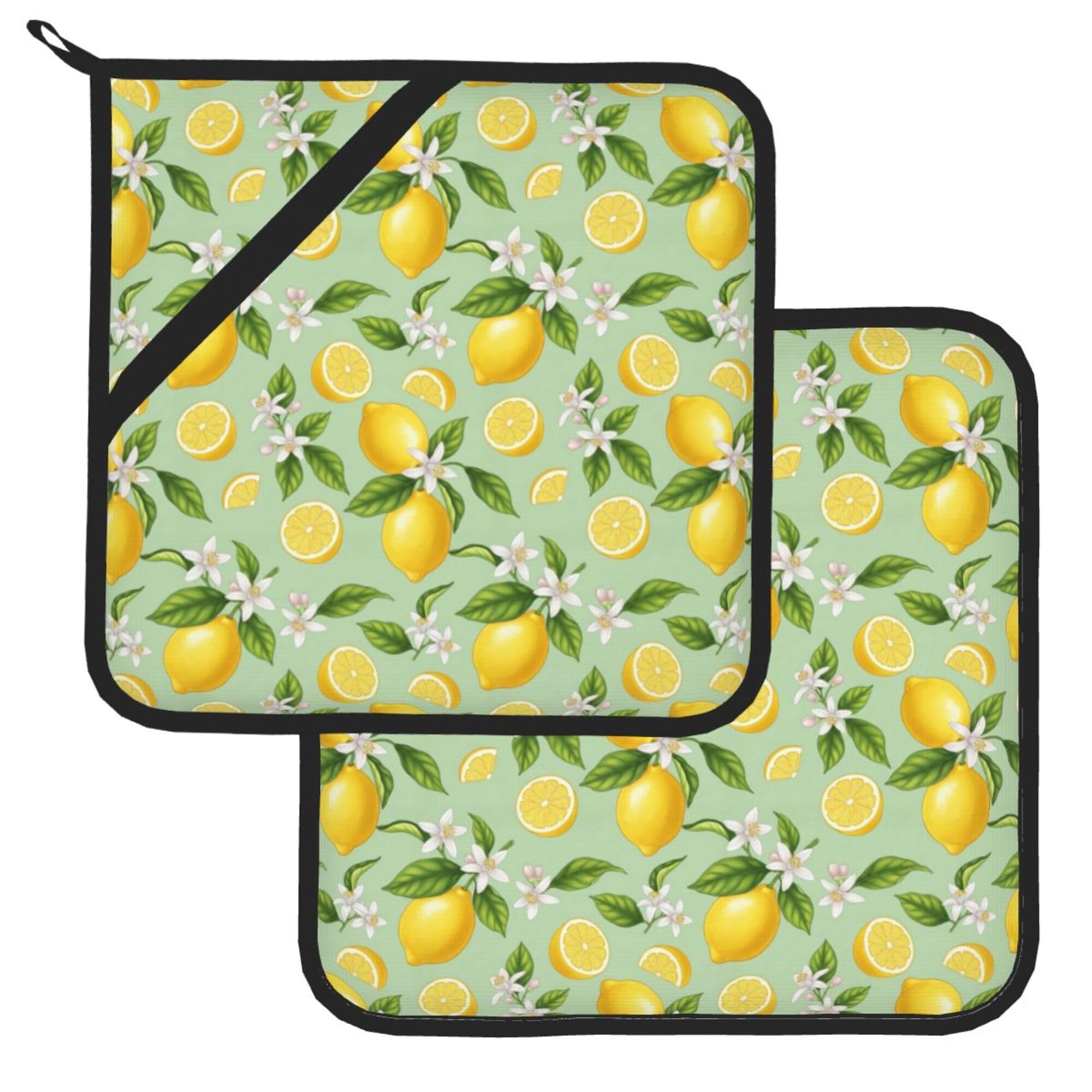 Maniques de cuisine anti-brûlure lot de 2 tissu imprimé citron fond vert