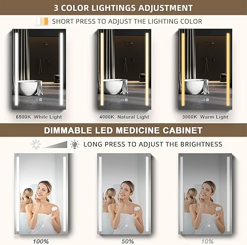 Miniatura 7 de Ogonbrick Botiquines de medicina LED de 50 W x 30 H con espejo para baño puertas dobles, botiquín moderno con luces, antiempañamiento, 3 luces de