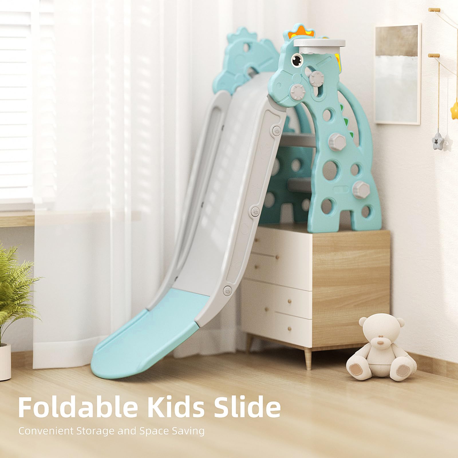 Glaf Toddler Slide for Age 1-3 Kids Baby Slide Indoor Playset Outdoor Playground Plastic Foldable Slides for Toddlers Backyard Climber Set with Stairs Basketball Hoop and Ball (Mint)