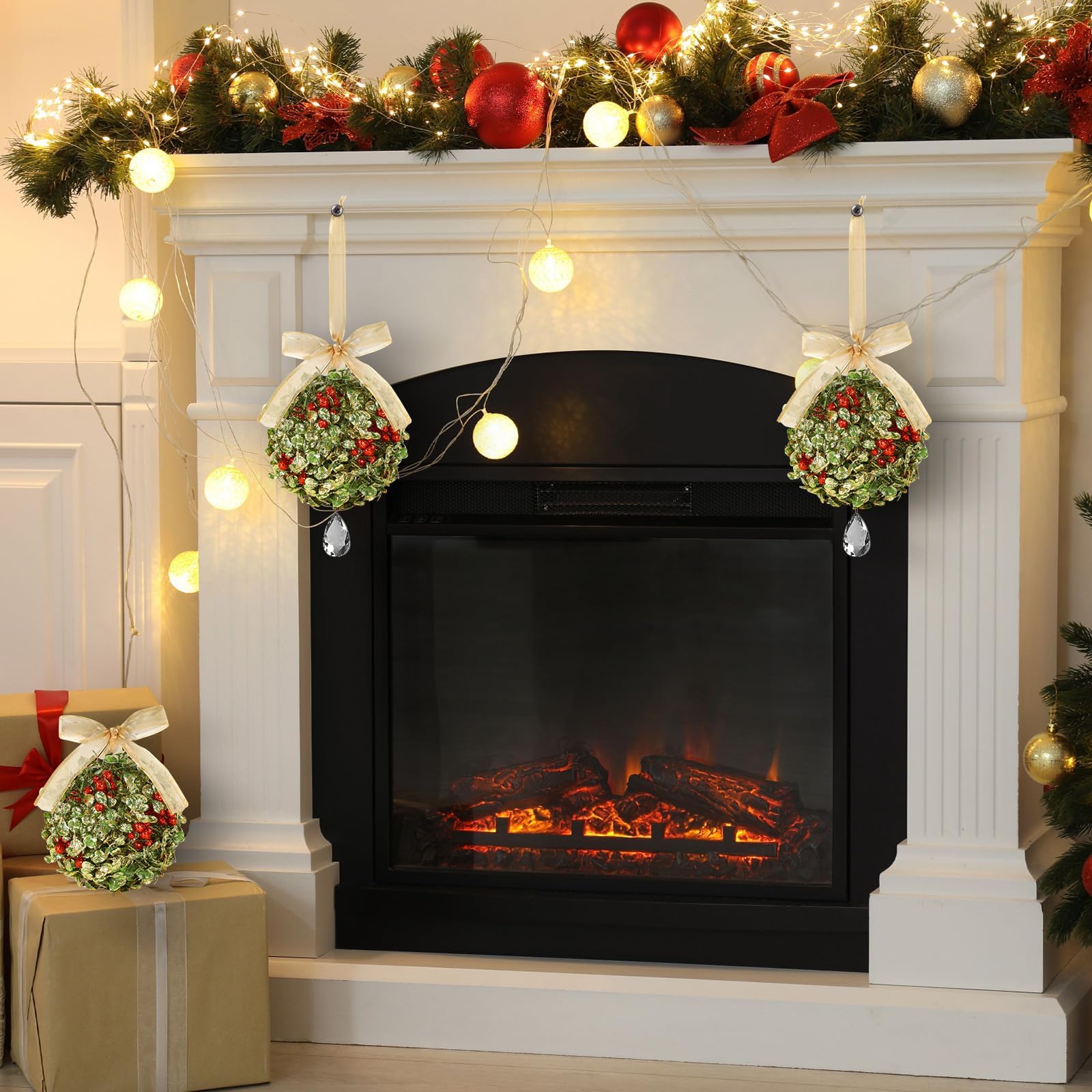 Lot de 2 décorations de gui artificielles à suspendre en cristal avec nœud en baies pour porte, maison, arbre de Noël, amitié, fête, arche de plafond (doré)