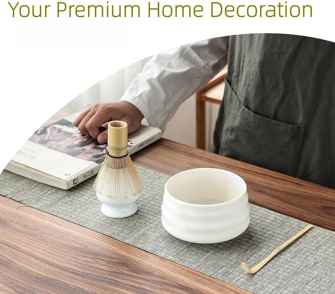 Japanese Matcha Set with Whisk and Bowl, Matcha Tea Ceremony Accessory Kit, Whisk, Black Ceramic Bowl, Black Whisk Holder, Traditional Scoop, Perfect Set to Prepare a Traditional Cup of Matcha (White)