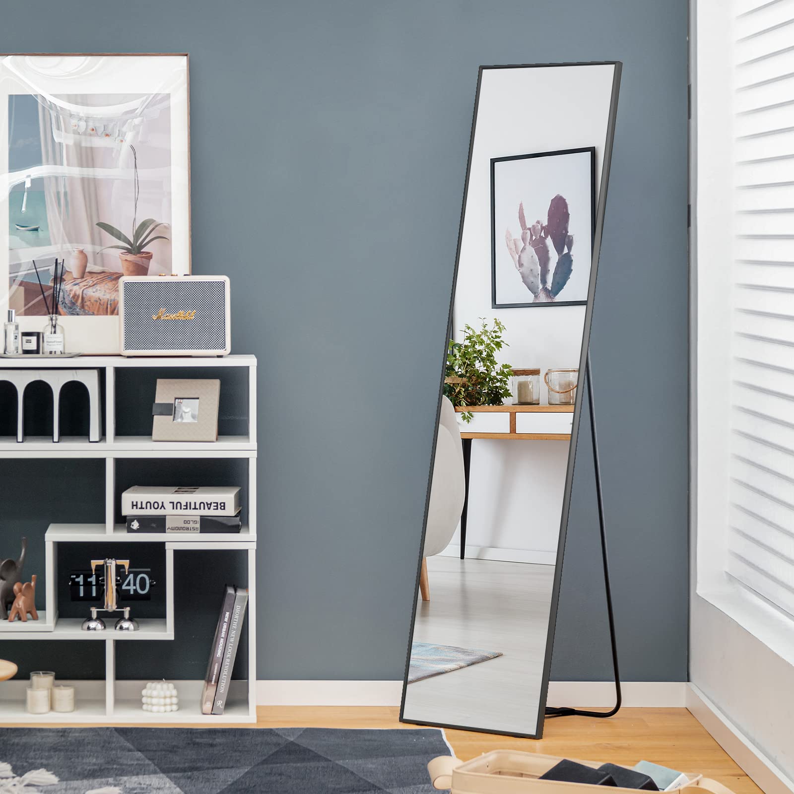 COSTWAY Specchio da Parete Lungo, Specchio da Terra Appendere con Cornice in Lega di Alluminio e Ganci, Per Camera da Letto e Soggiorno, 160 x 40 cm (Nero)