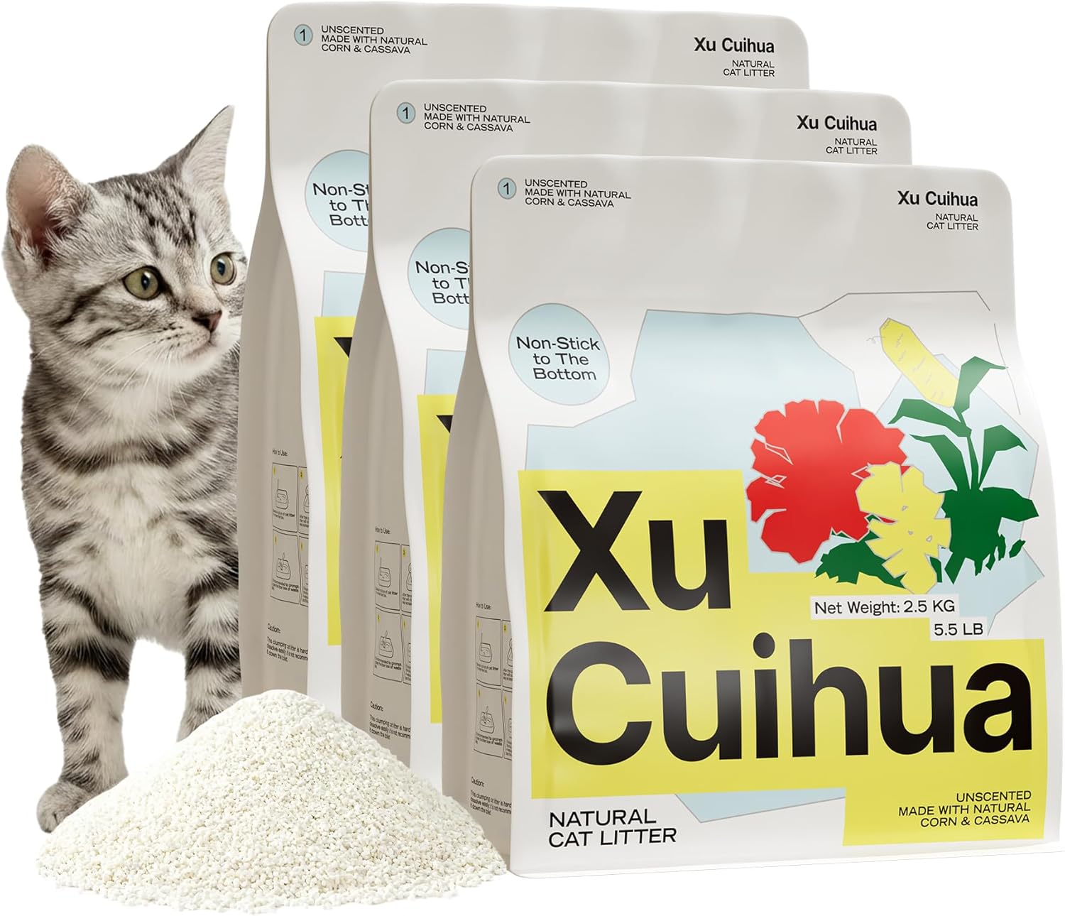 Natural Cat Litter Unscented, 100% Plant-Based, Strong Clumping Litter, Easy Scooping, Clumps Lift Cleanly, Chemical-Free, Low Dust, Corn & Cassava Litter, 16.5 LB (5.5 LB x 3 Bags)