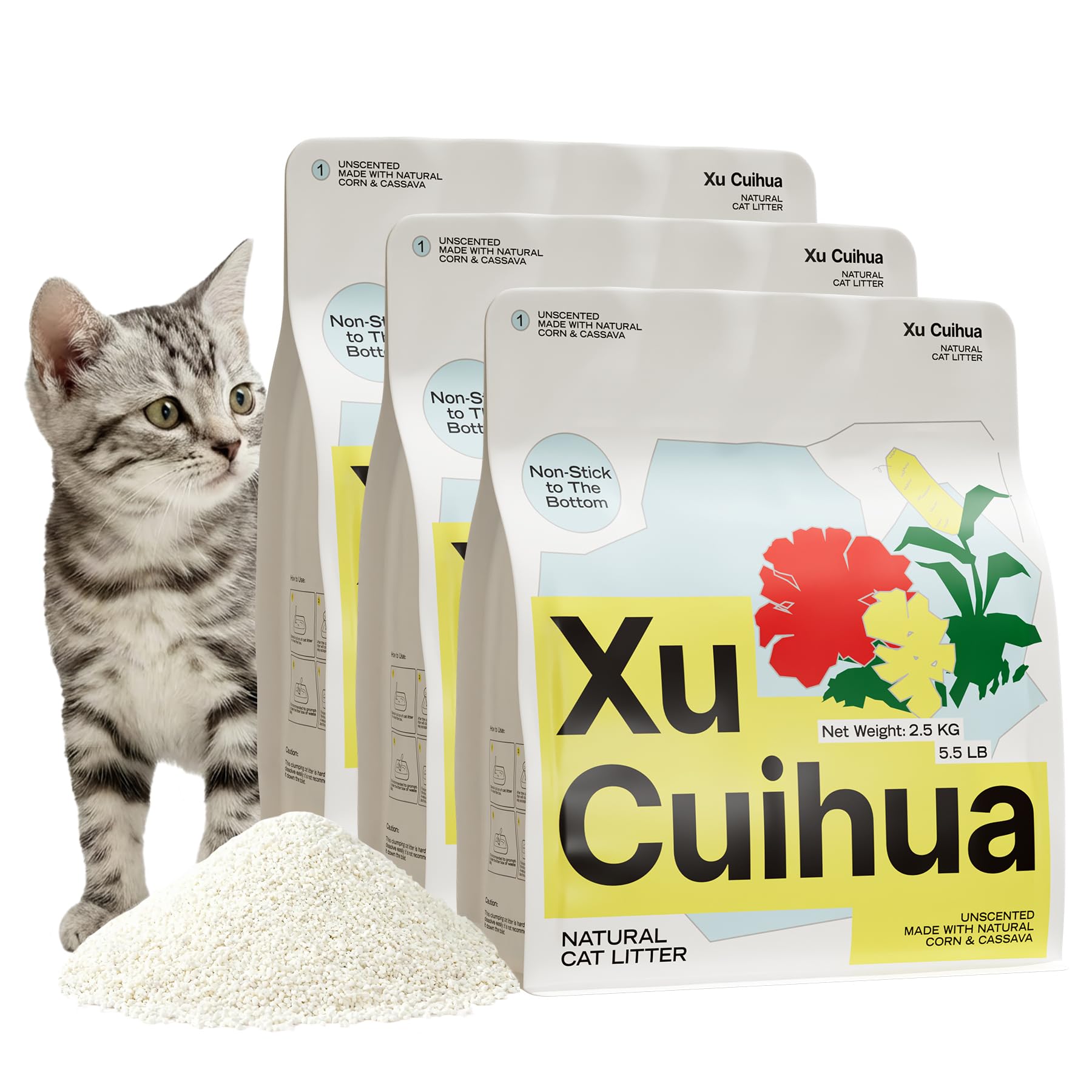 XuCuiHua Lettiera naturale per gatti, inodore, 100% a base vegetale, forte grumi, facile da raccogliere, solleva i grumi in modo pulito, polvere bassa, 2,5 kg x 3 sacchetti