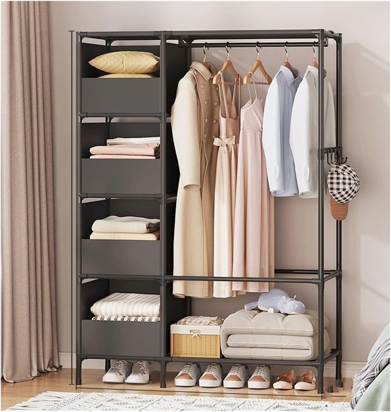 Portable Wardrobe Wardrobe Folding Portable Clothing Storage Cabinet Steel Assembly Closet Multipurpose Furniture Portable Closet(YE Single Curtain)