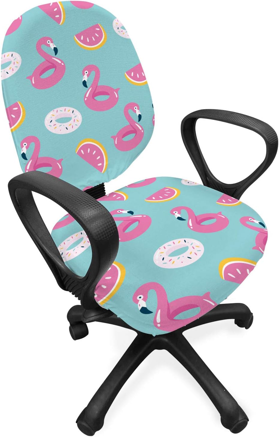 Ambesonne Summer Pink Office Chair Slipcover, Donuts and Flamingo Shaped Ring Floats Pool Design in Continuous Pattern, Protective Stretch Decorative Fabric Cover, Standard Size, Turquoise