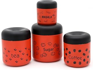 Coconut Stainless Steel Container for Storaging Tea Coffee Sugar & Masala (Red) - 4 PC Set