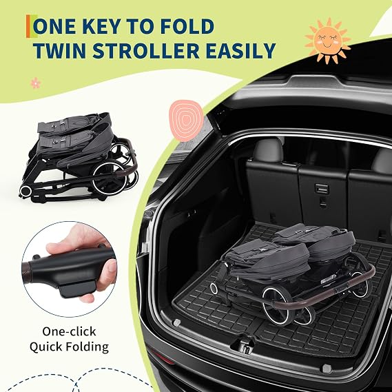 Side by Side Double Stroller Newborn and Toddler, Lightweight Compact Twin Stroller with Reversible Seat, Adjustable Backrest & Canopy, Storage Basket, Easy to Fold, Dark Grey