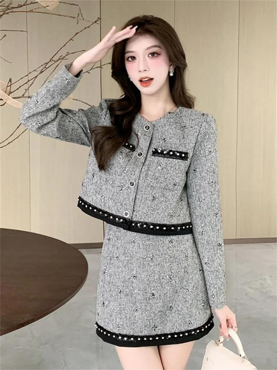 Women Tweed Two Piece Set Jacket Mini Skirt Casual Outfit