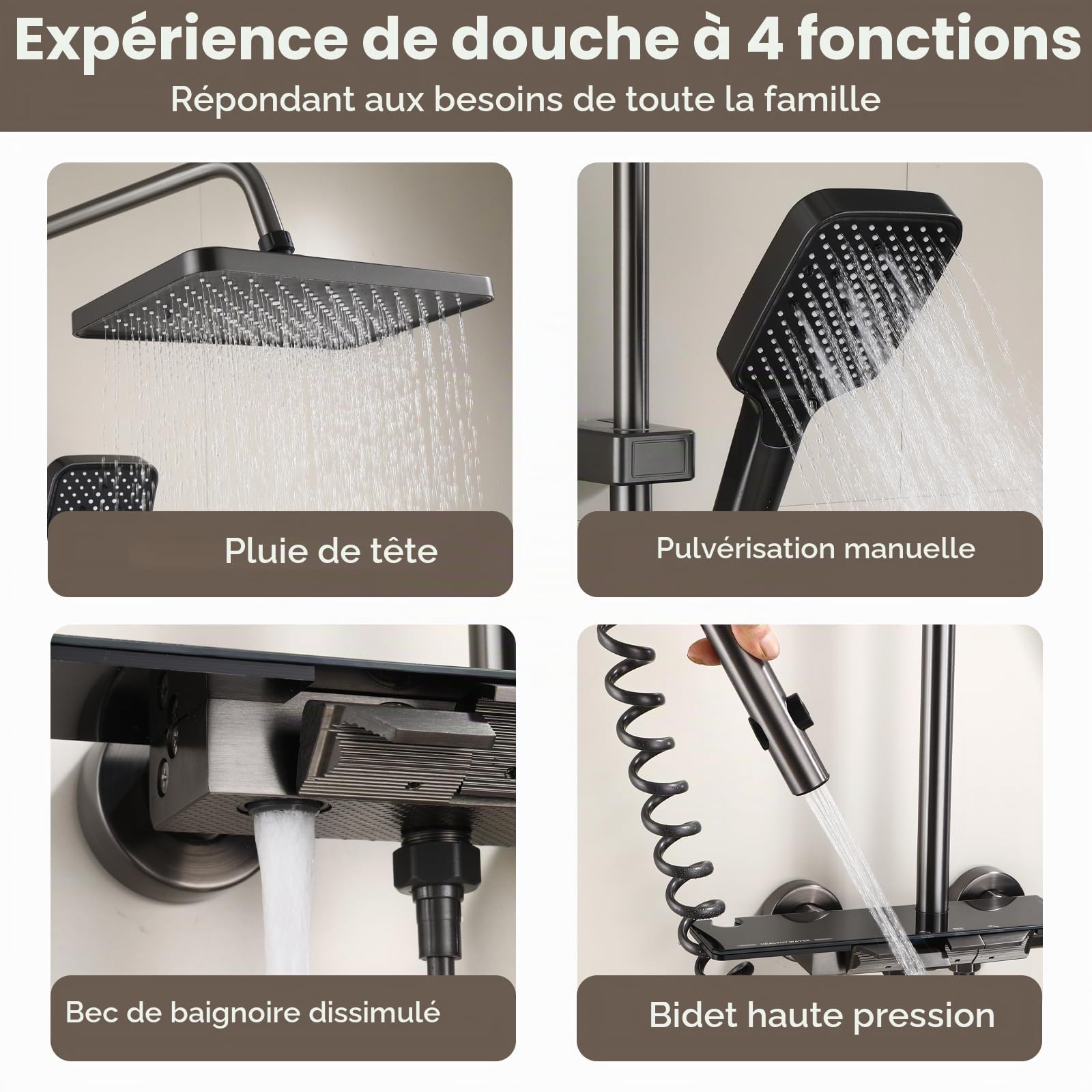Colonne de Douche 4 en 1, Système de Douche à Touches Piano, Colonne de Douche Réglable en Hauteur Intégrant une Douchette Hygiénique, avec Douchette à Main et Robinet, Baignoire Cascade