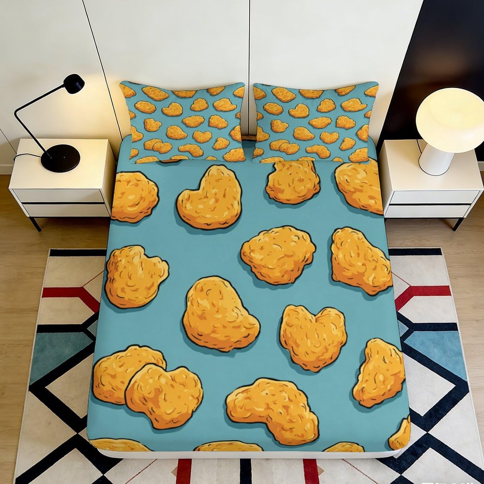 3D Printed Chicken Nugget Fitted Sheet Microfiber Bedroom Decor Snack Pattern Mattress Cover for Home Dorm 90x200x25cm