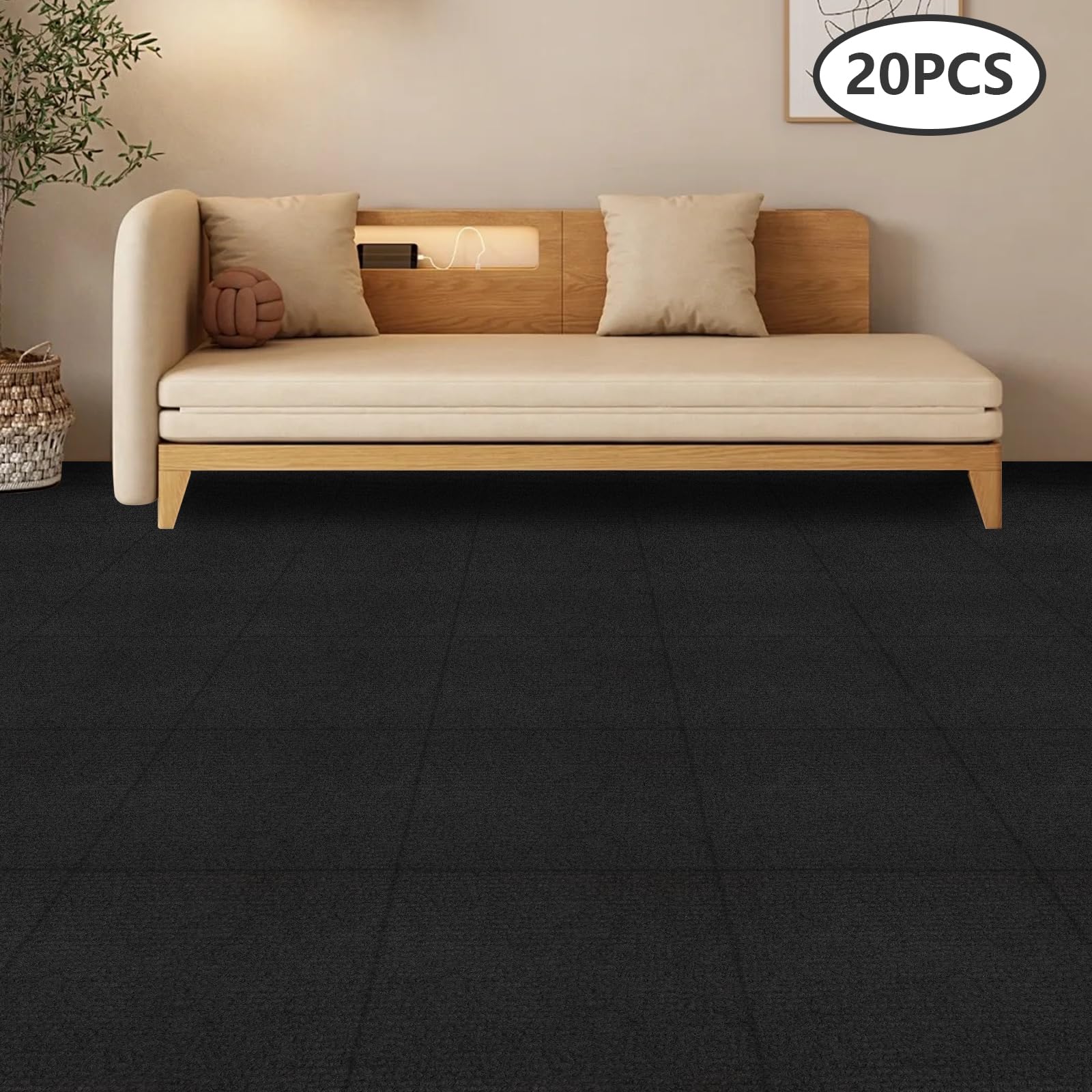 20 Stück Teppichfliesen 50x50cm Teppich mit Antirutsch-Rückseite, Antirutschmatte mit hoher Reibung, selbstklebende Teppichbodenfliesen, Frei Verlegbare, Weiche Polsterteppichboden (Schwarz)