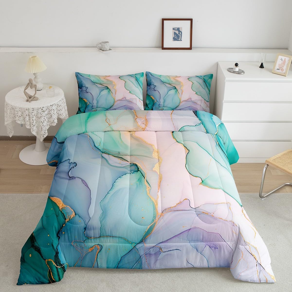Feelyou Green and Pink Marble Bedding Set Full Size Modern