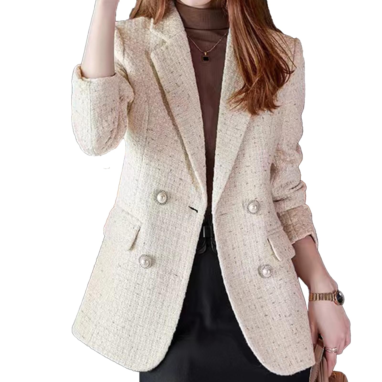 Womens Tweed Blazer Jackets Fall Winter Warm Fashion Casual Open Front Business Elegant Work Suit Top Pocket