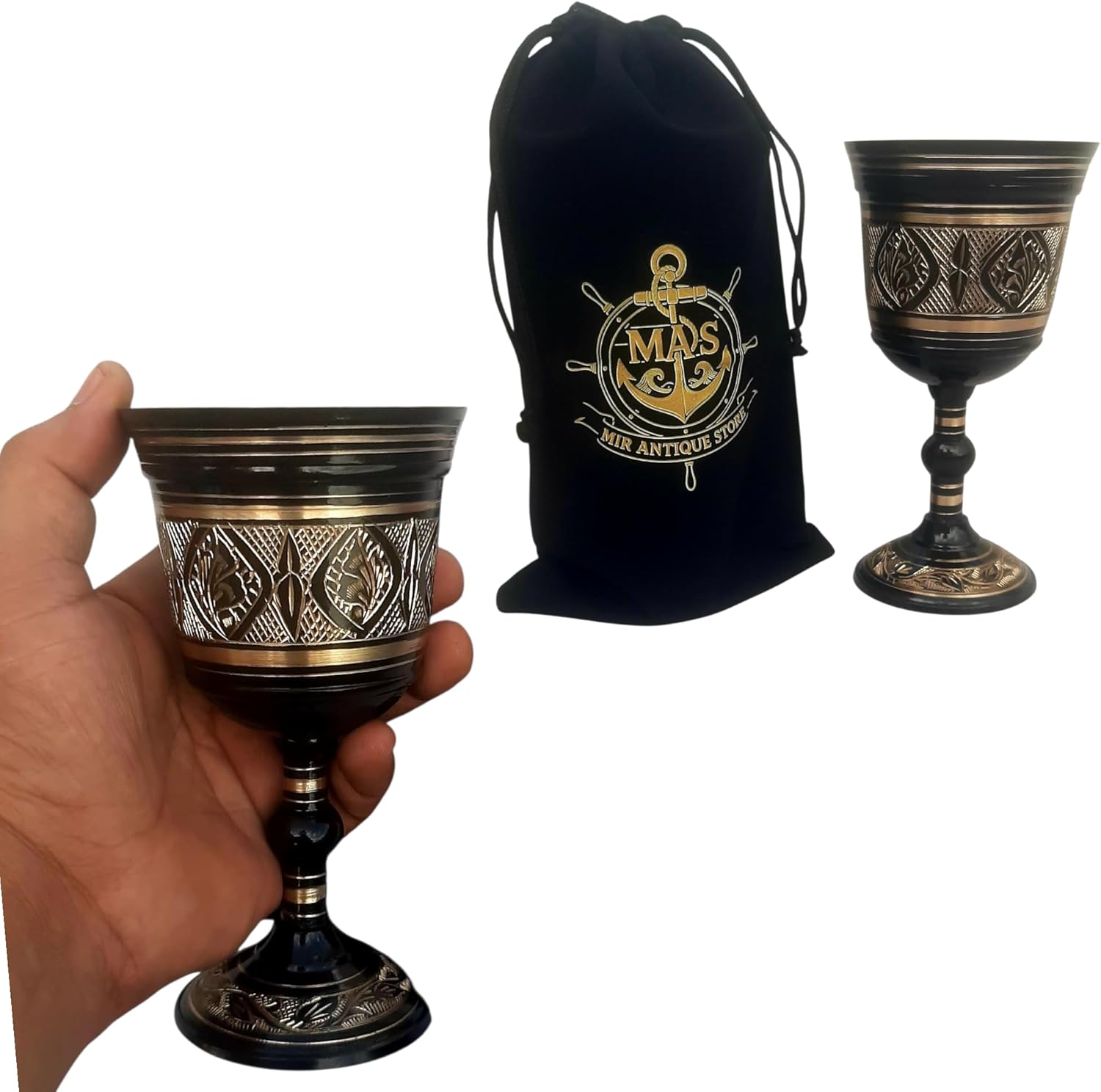 Solid Brass Wine Chalice – Premium Medieval Goblet Glass for Wine, Mead & Beer – Vintage Style Drinking Cup with Velvet Gift Case – Renaissance, Decor & Collectible Barware (Medieval Decor)