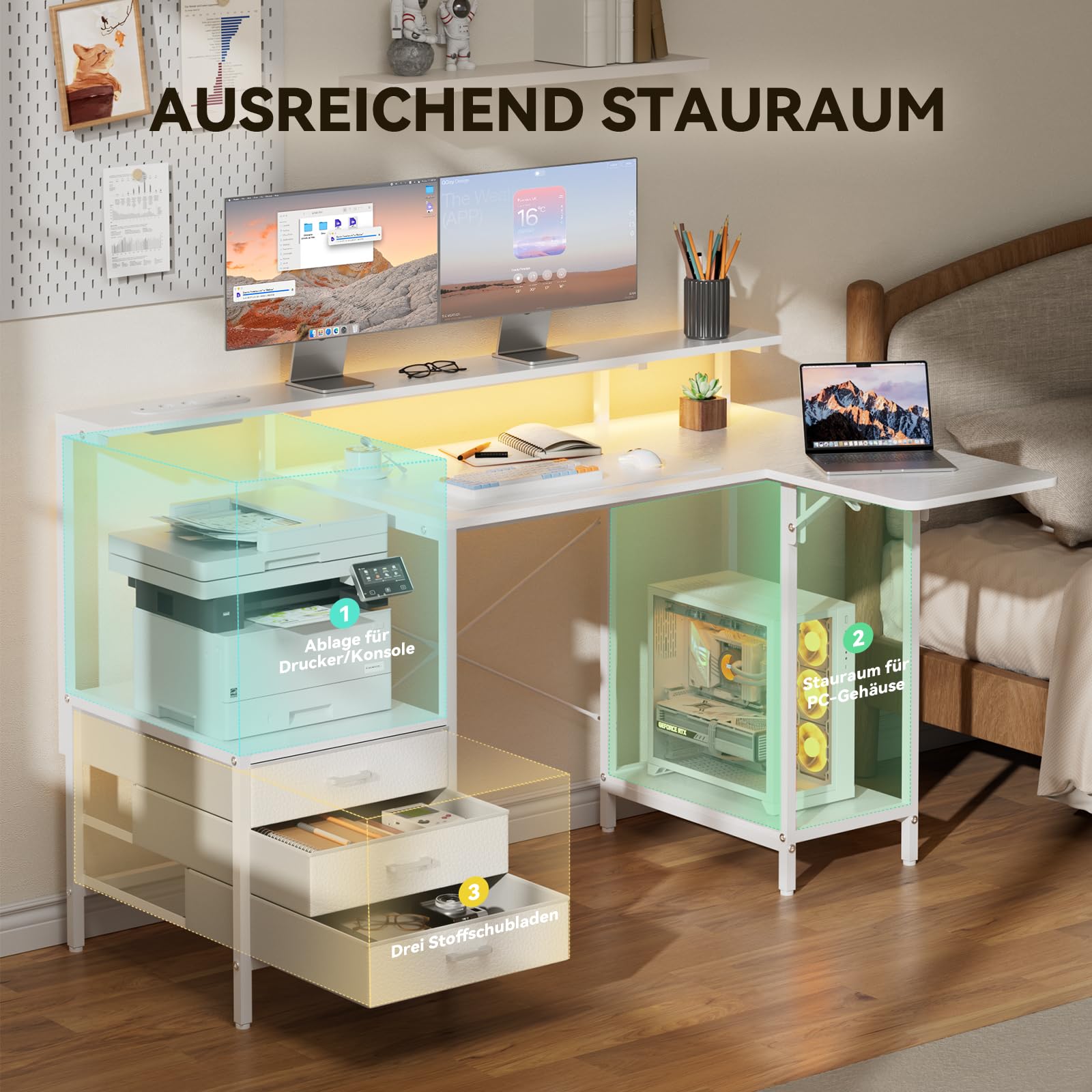 HLONONE 140 × 85 cm Schreibtisch mit Schubladen & LED, Computertisch mit Steckdose, Bürotisch mit Stauraum und Monitorablage, Eckschreibtisch für Homeoffice Schlafzimmer, Weiß
