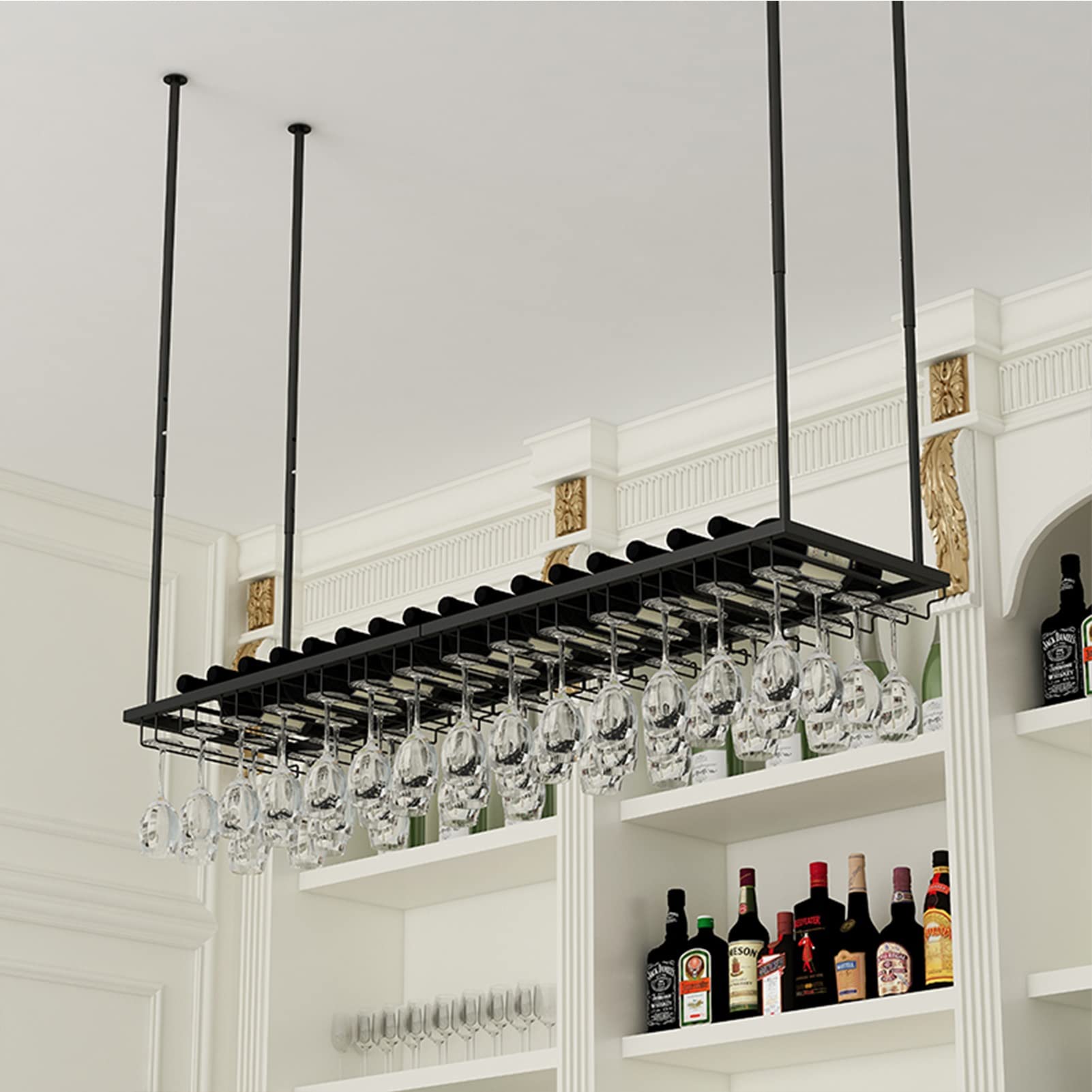Casiers à vin au plafond en métal noir de 120 cm pour bar et cuisine