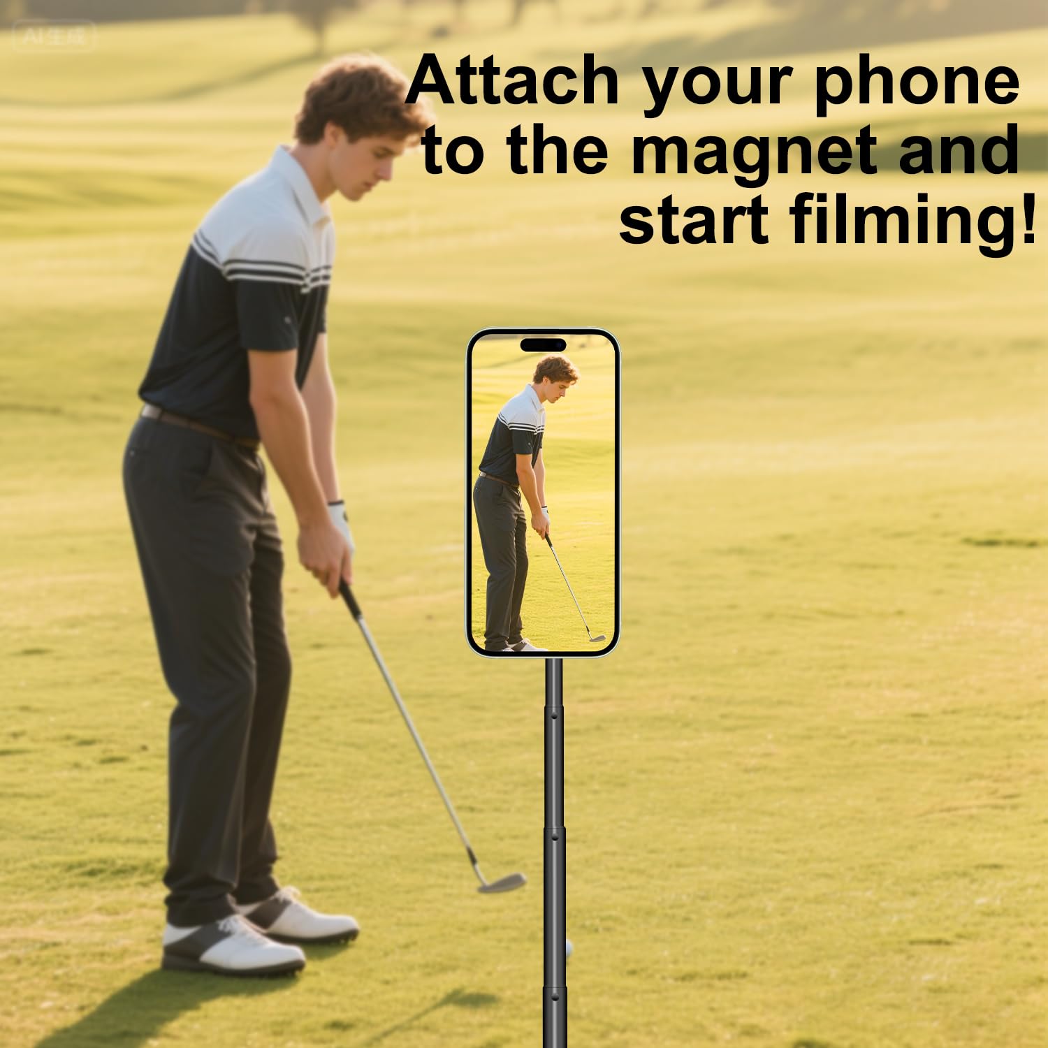 59" Magnético Golf Selfies Palo Trípode Compatible con iPhone,Ajustable Aluminio Teléfono Trípode Monopié Punta Tierra Golf Swing Entrenamiento Compatible con GoPro Cámaras Vídeo Grabación