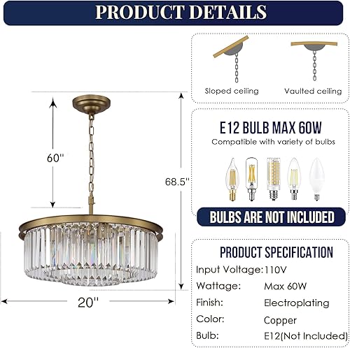 Miniatura 5 de Candelabro moderno de cristal para comedor, sala de estar, 8 luces, 3 niveles con forma de gota de lluvia (dorado, diámetro de 20 pulgadas)