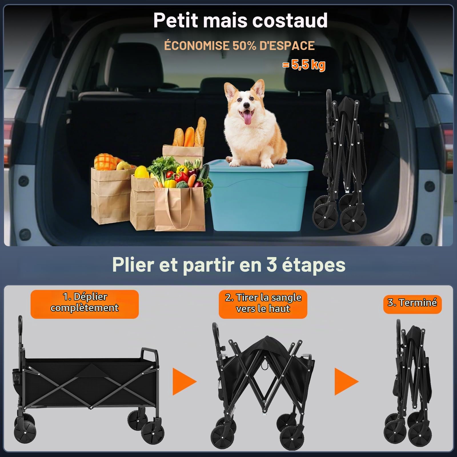 Garvee Chariot De Plage XL Jusqu'à 172Kg, Chariot De Transport Pliable avec Roues Pivotantes à 360° De 20 cm De Large, Idéal Camping, Pique-Nique, Shopping, Jardin Et Sport - Noir