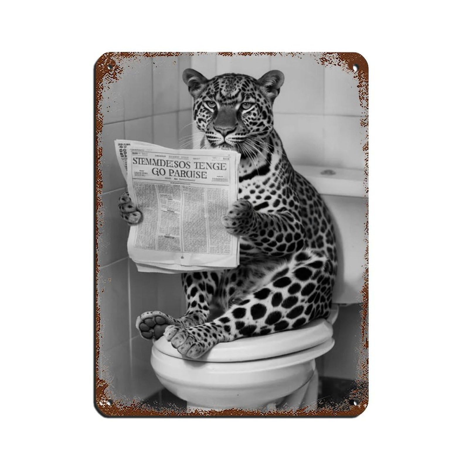 Lxwnze 30L X 40W Cm Leopard Sitting On The Toilet Reading A Newspaper Tin Sign Vintage Metal Pub Club Cafe Bar Home Wall Art Decoration Poster Retro 12X16inch(30X40cm)