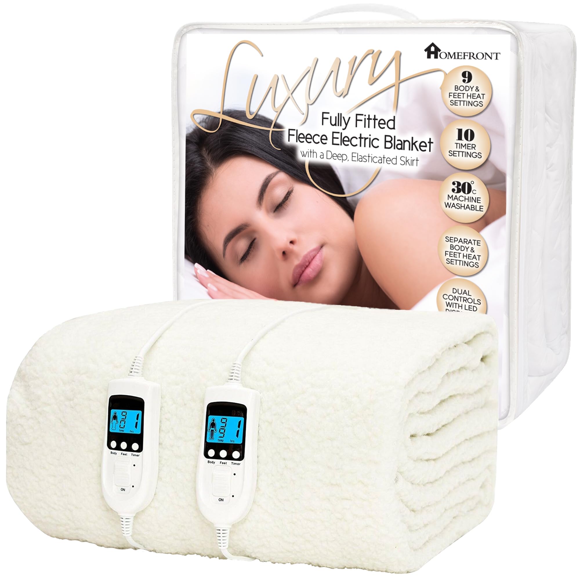 Homefront Electric Blanket Double Size Dual Control Premium Fleece Fully Fitted Heated Mattress Cover, Dual Control