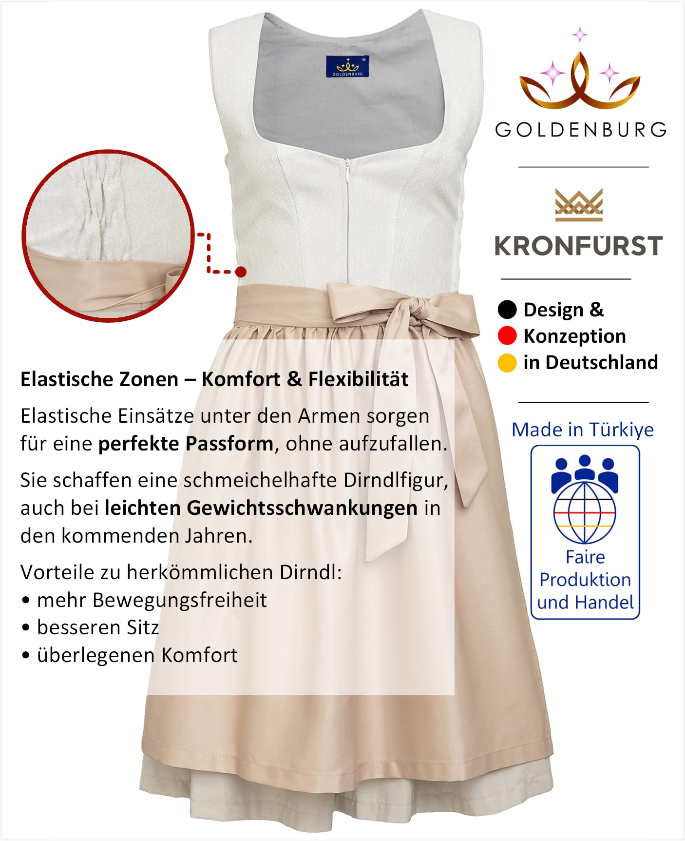 Dirndl Damen Midi mit Schürze 2tlg I Elastischen Zonen unter den Armen für Komfort und Passform I Deutsche Marke I Edle Frauen Trachten I Trachtenkleid Gr. 34-46 GB2301
