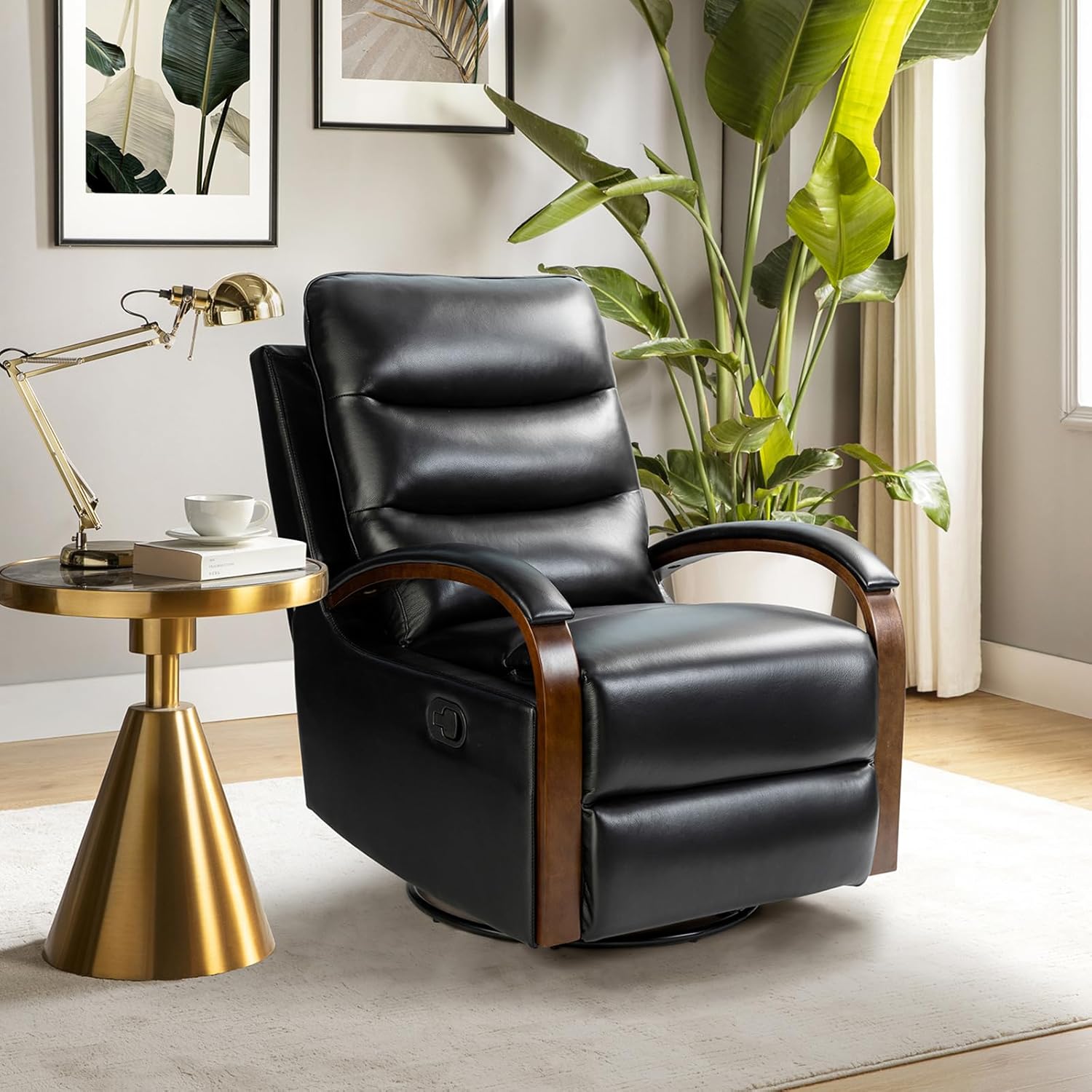 HULALA HOME Genuine Leather Recliner Chair, Rocking Swivel Recliner Sofa, Manual Glider Recliner Chair with Adjustable Backrest & Footrest, Black