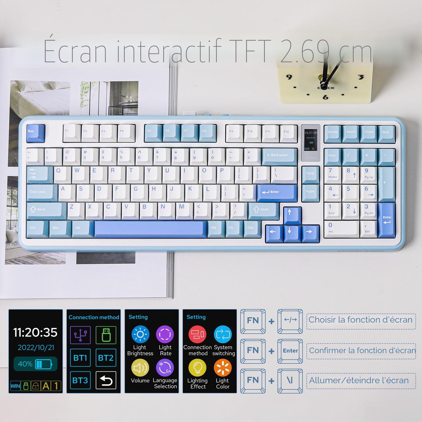 MechLands Vibe99 Clavier de jeu sans fil avec écran de 1,06", 100 touches, clavier mécanique Gasket remplaçable à chaud avec BT5.0/2,4 GHz/USB-C, RGB, NKRO, QWERTY (bleu)