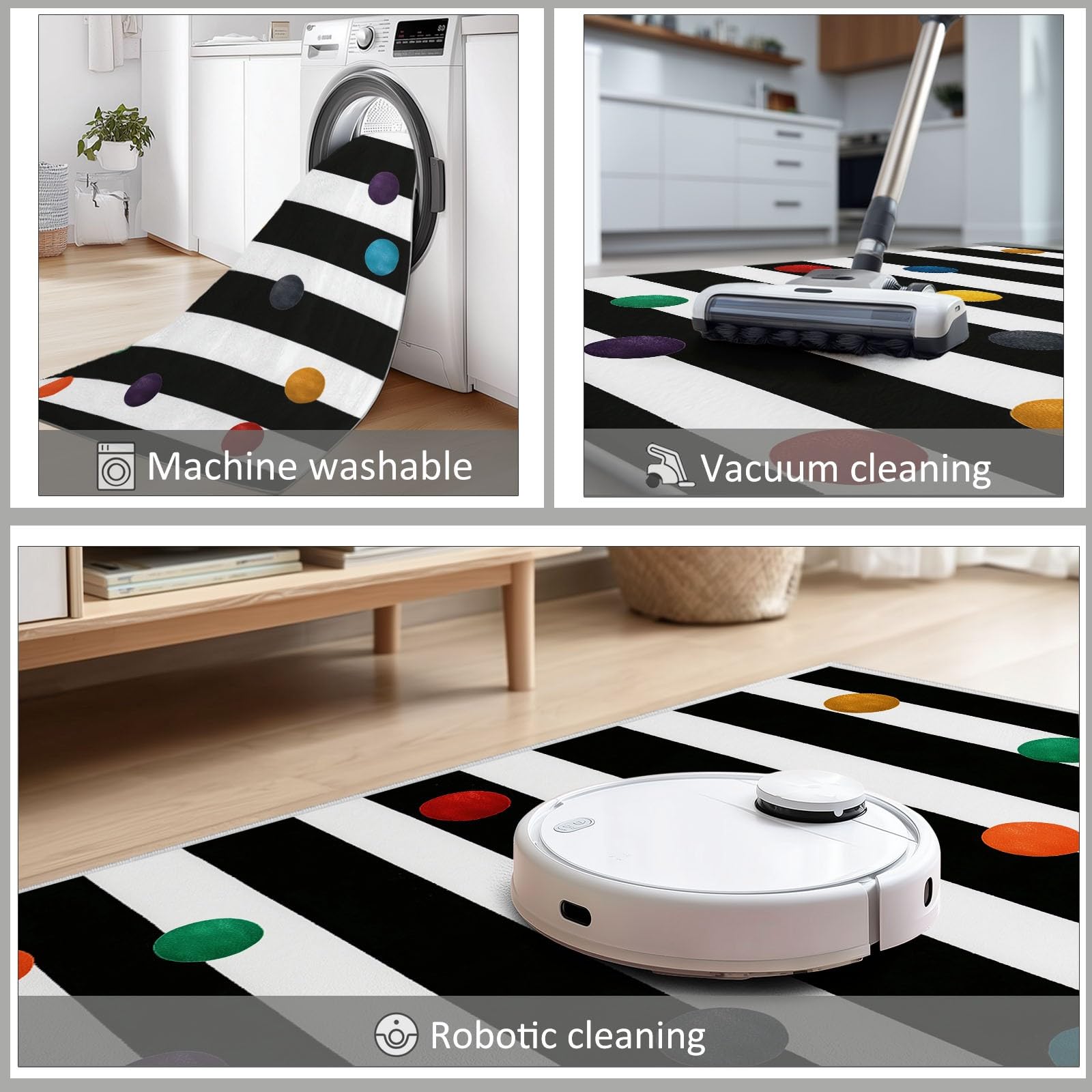 Générique Tapis Salon Lavable Pois rayés Noirs et Blancs 180x240cm Tapis Poil Ras Intérieur Moderne, Antidérapant et Résistant, Décoration pour Chambre Cuisine Bureau Maison