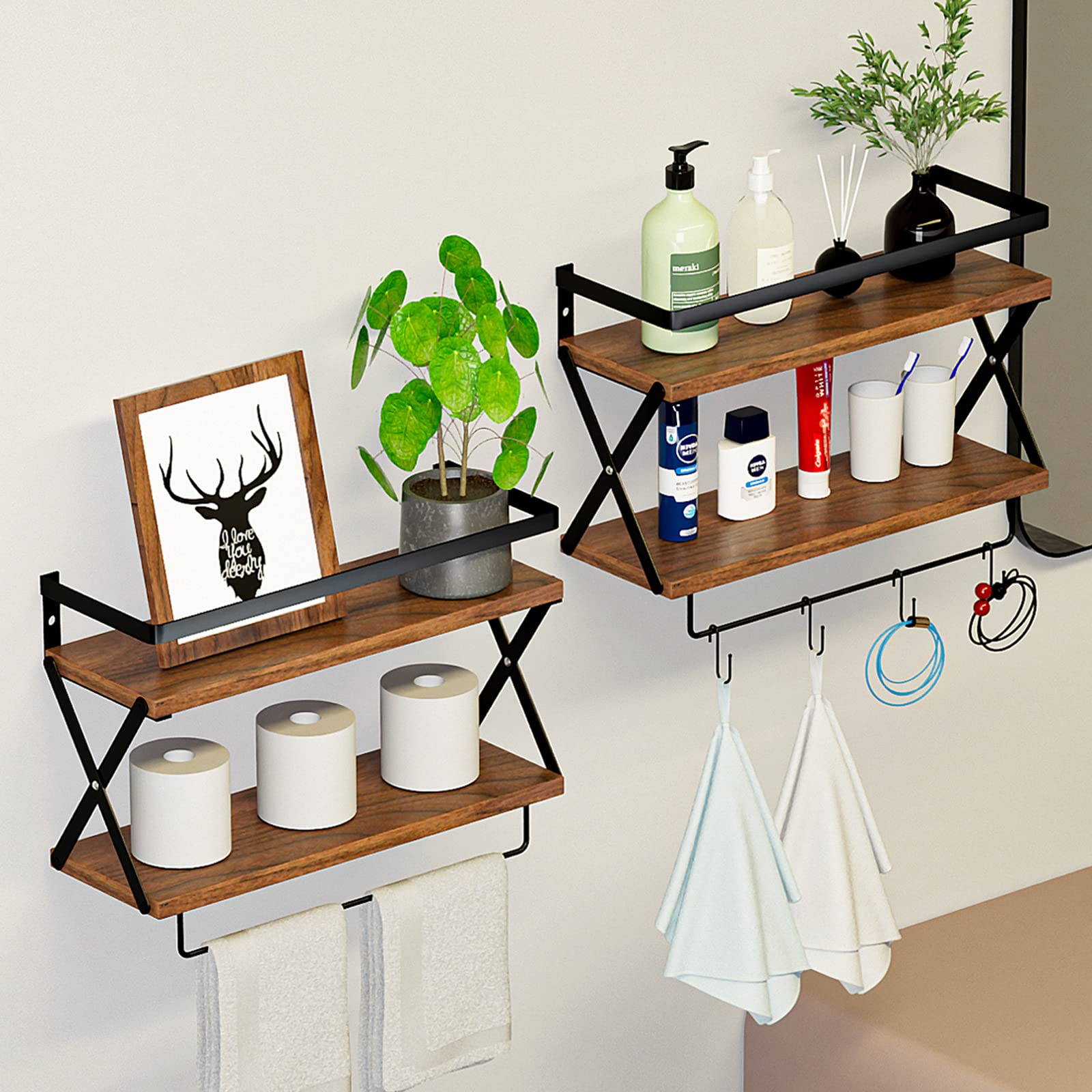 Neepiar Floating Shelves Bathroom Wall Shelf with Towel Bar Wall Shelves for Kitchen Living Room Bedroom Rustic Wood Wall Shelf with Protective Metal Guardrail Tissue Rack - Set of 2