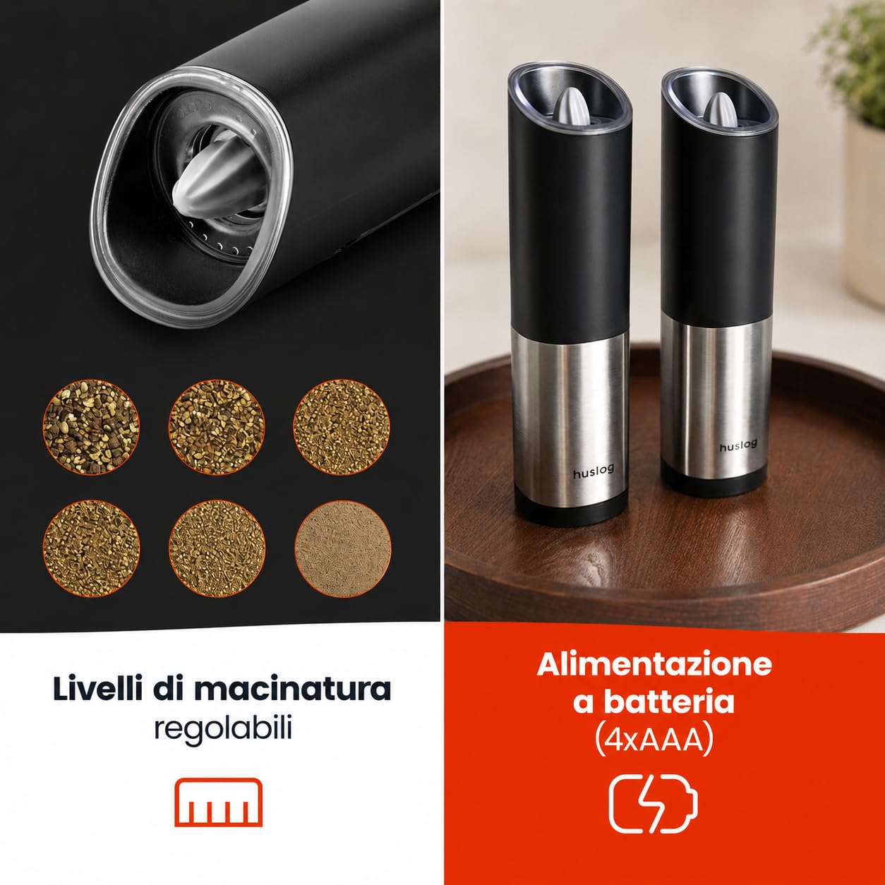 Set Macina Sale e Pepe Elettrico Gravity, Macinatura Automatica, Grossolanità Regolabile, Contenitore Spezie 85 ml, a Batteria, Uso con una Mano, Risparmio Energetico, Acciaio Inox, Argento