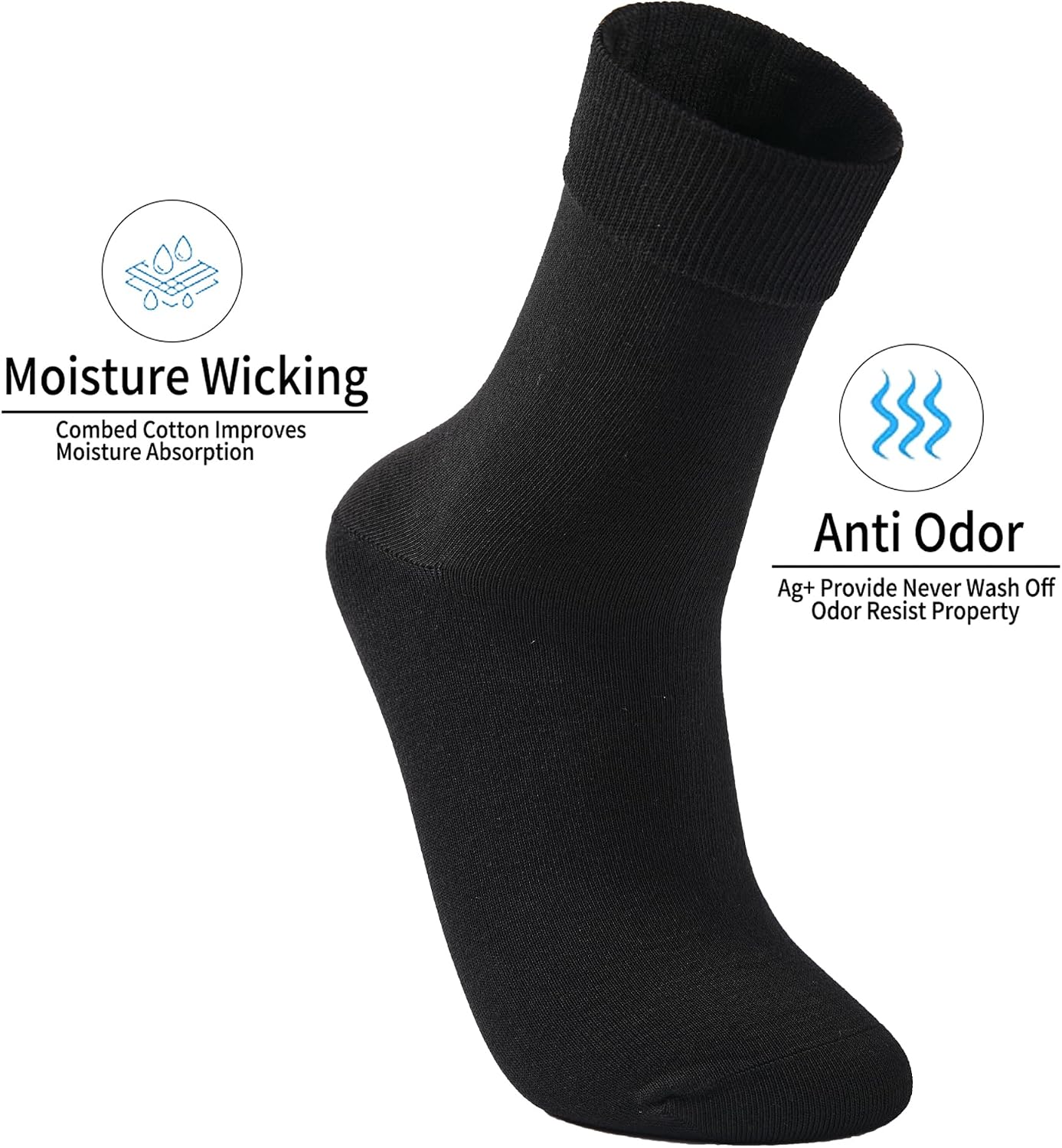 Mens Black Quarter/Crew Cotton Dress Socks Anti Odor Sweat Moisture Wicking